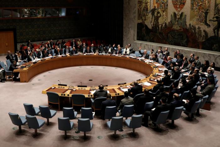 The United Nations Security Council votes on a resolution to ban the supply of helicopters to the Syrian government and to blacklist Syrian military commanders over accusations of toxic gas attacks at U.N. headquarters in New York City, U.S., February 28, 2017. REUTERS/Mike Segar