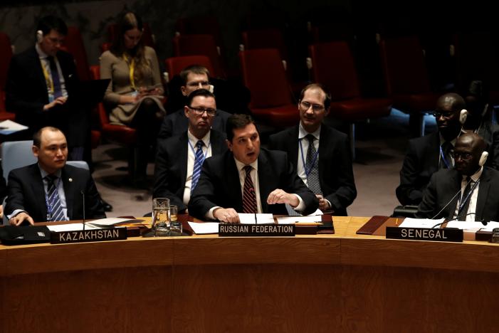 Russian Deputy Ambassador to the United Nations Vladimir Safronkov speaks during a United Nations Security Council meeting following a vote on a resolution to ban the supply of helicopters to the Syrian government and to blacklist Syrian military commanders over accusations of toxic gas attacks at U.N. headquarters in New York City, U.S., February 28, 2017. REUTERS/Mike Segar